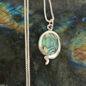 Sterling Silver 925 1" Oval Abalone Inlay Pendant Necklace 16" Box Chain 4.9g